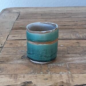 Japanese Teacup 3" Turquoise Brown Glazed Stamped